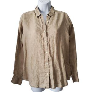 Uniqlo 100% Linen Tan Collared Button Down Long Sleeve Casual Shirt Size Medium